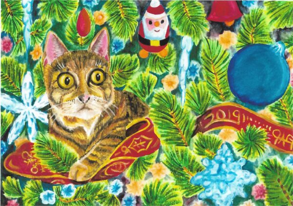 Christmas Cat 2 Watercolor Painting By The GYPSY